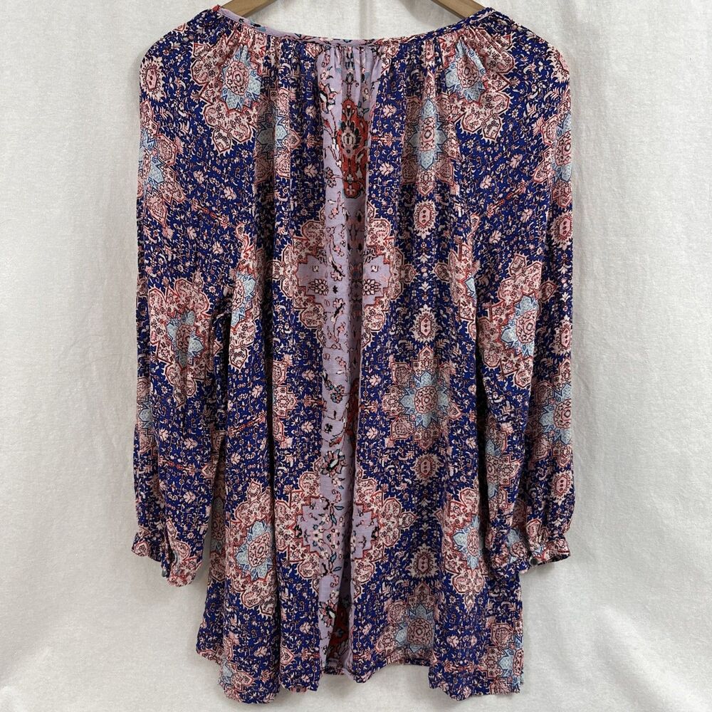 Lucky Brand Boho Blue Colorful Tie Popover Peasant Top Womens Sz 1X Festival - Picture 2 of 8